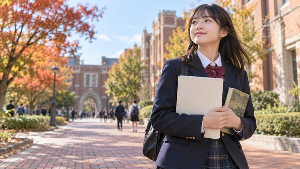 赤れんがの大学キャンパスで問題冊子を持ち前を見つめる制服の高校生