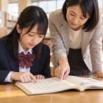 学校の図書室で漢文の本を指でたどりながら、先生と読む順序を確かめる制服の高校生