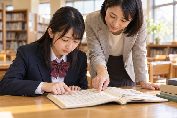 学校の図書室で漢文の本を指でたどりながら、先生と読む順序を確かめる制服の高校生