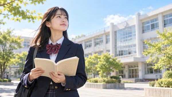 校舎を背に漢文の参考書を開き、進研模試に向けて気持ちを整える制服の高校生