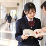 校舎の廊下で漢文の部分否定の見分け方を先生に質問する高校生