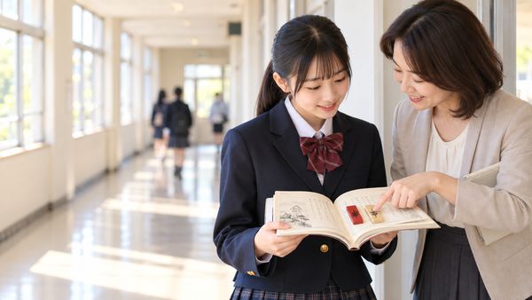 校舎の廊下で漢文の部分否定の見分け方を先生に質問する高校生