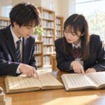 図書室で古典の教材を開き、古文と漢文の勉強を始めようとする高校生2人