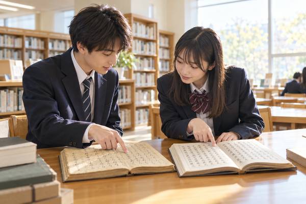 図書室で古典の教材を開き、古文と漢文の勉強を始めようとする高校生2人