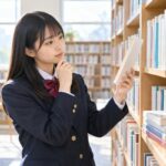 学校の図書館で漢文の参考書を1冊選ぶ制服姿の高校生