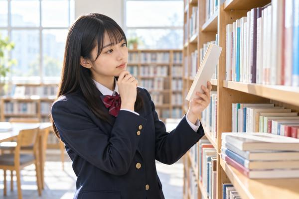 学校の図書館で漢文の参考書を1冊選ぶ制服姿の高校生
