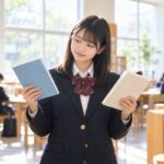 学校の図書室で2冊の漢文参考書を見比べる制服姿の高校生