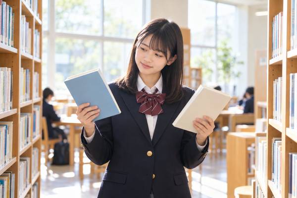 学校の図書室で2冊の漢文参考書を見比べる制服姿の高校生