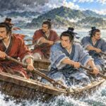 強風の川で呉の人と越の人が同じ舟の櫂をこぐ場面