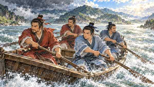 強風の川で呉の人と越の人が同じ舟の櫂をこぐ場面