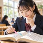 図書館で色タブを貼った漢文の参考書を読む制服姿の高校生