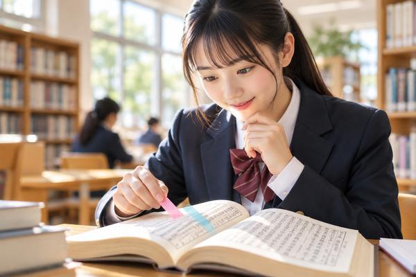 図書館で色タブを貼った漢文の参考書を読む制服姿の高校生