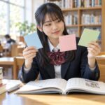 3色のカードを見比べながら、漢文の文法を語順・訓読・句法の3層で整理している高校生