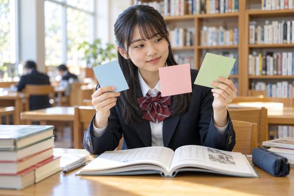 3色のカードを見比べながら、漢文の文法を語順・訓読・句法の3層で整理している高校生
