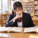 明るい学校図書室で漢文の本文を読みながら、疑問形か反語かを考え込んでいる制服姿の高校生