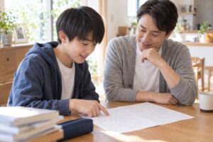 日当たりのよいダイニングで、中学生の息子と父親が返却された5教科のテストを一緒に見ながら笑顔で話している様子