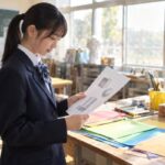 美術室で、制服姿の中学1年生がテスト範囲のプリントを読んでいる様子