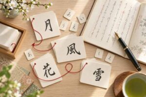 漢字カードと平仮名の札、返り点を示す赤い糸を机に並べ、漢文の送り仮名の仕組みを表した写真