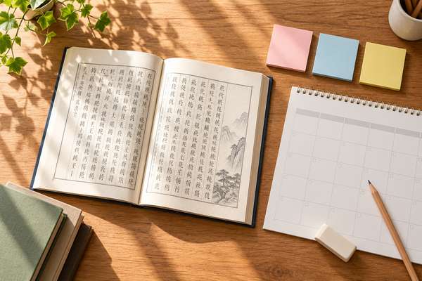 漢文の本と学校の予定表、付箋を机に広げ、模試に向けて計画を立てる学習道具