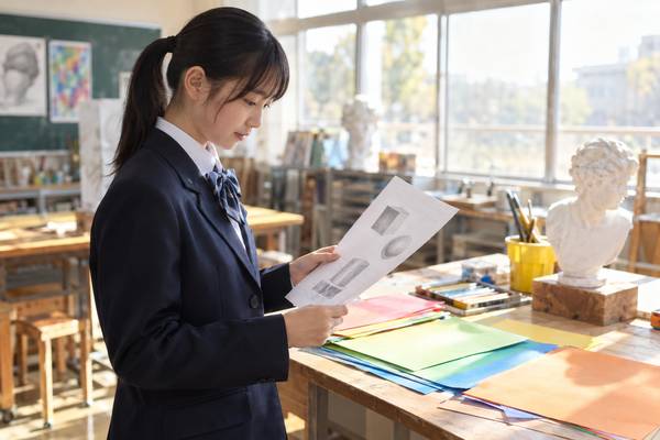 美術室で、制服姿の中学1年生がテスト範囲のプリントを読んでいる様子