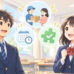 教室で英語の受動態を理解した中学生2人と、される側・時制・過去分詞を表す3つのアイコン