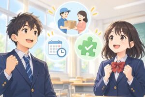 教室で英語の受動態を理解した中学生2人と、される側・時制・過去分詞を表す3つのアイコン
