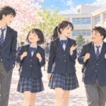 桜の咲く通学路を歩く、背の高さがそれぞれ違う中学1年生たち