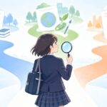 定期テスト・実力テスト・模試の結果票が並ぶ3つの道を前に、虫眼鏡を手に点数の見方を確かめている中学生のイラスト