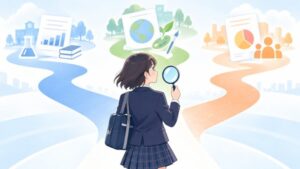 定期テスト・実力テスト・模試の結果票が並ぶ3つの道を前に、虫眼鏡を手に点数の見方を確かめている中学生のイラスト