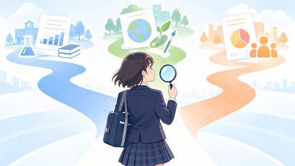 定期テスト・実力テスト・模試の結果票が並ぶ3つの道を前に、虫眼鏡を手に点数の見方を確かめている中学生のイラスト