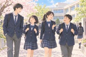 桜の咲く通学路を歩く、背の高さがそれぞれ違う中学1年生たち