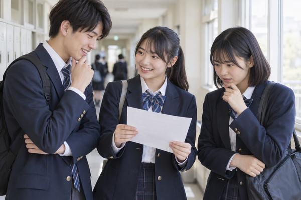 明るい校舎の廊下で、1枚の成績表を囲んで話し合う制服姿の高校生3人