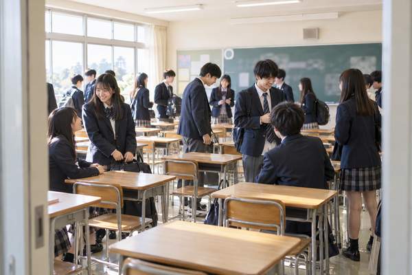 明るい教室でクラス替え初日に新しい席を探して話す制服姿の高校生たち