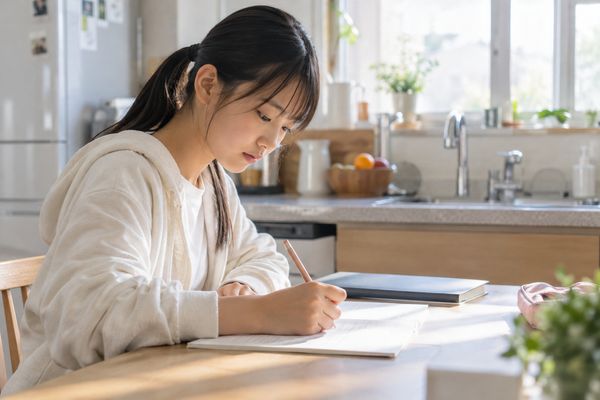 教科書を閉じたまま、自宅のキッチンカウンターで宿題の問題に一人で取り組む中学生