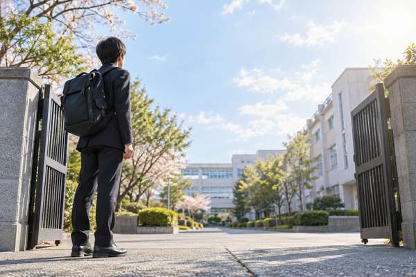 制服姿の中学生が高校の正門の前で校舎へ続く道を見上げている