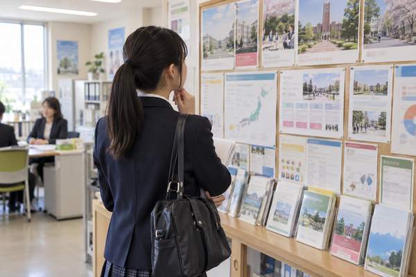高校の進路指導室で志望校の入試案内を確認する高校3年生