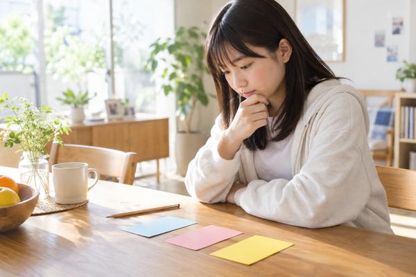 3色のカードを見比べて英語テストを受ける目的を決めようとしている高校生