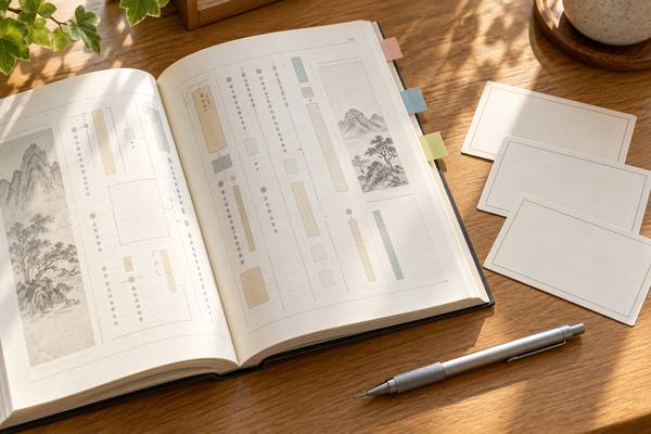 机の上で開かれた漢文の参考書と、句法を書き出すための無地の学習カード