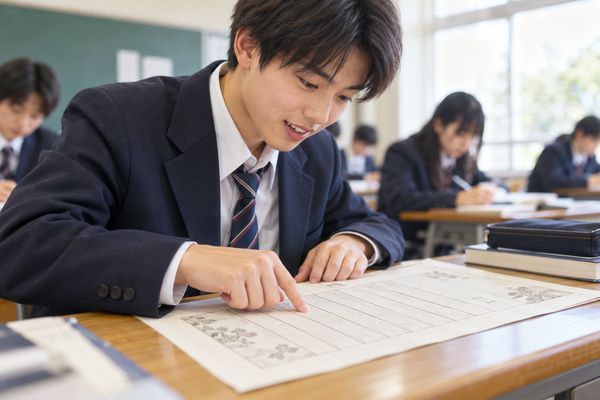 縦書きの漢文を指でたどり、再読文字の読む順番を声に出して確かめている制服の高校生
