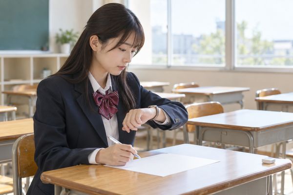 明るい教室で腕時計を見ながら共通テストの過去問を1回分解いている制服の高校3年生