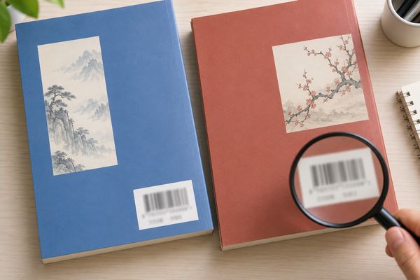 2冊の漢文学習教材を並べ、バーコードの部分を虫眼鏡で確かめている机の上