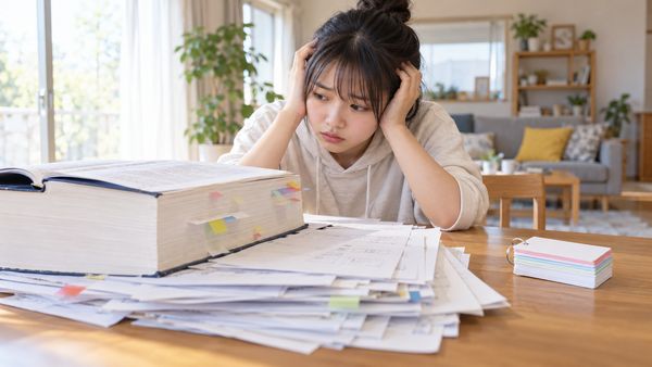 机いっぱいに積んだ本とプリントを前に、どこから覚えるか迷って頭を抱える高校生