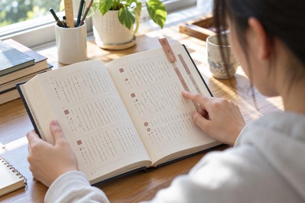 色付きの付箋を貼った参考書の語彙ページを開き、載っている重要語を確かめている高校生の手元