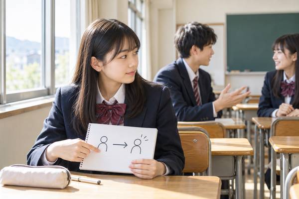 誰が誰に動作をするかを矢印で描いたカードを手に、教室で説明している制服姿の高校生