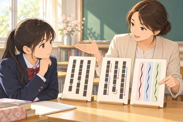 白文・訓点付きの漢文・書き下し文の3種類のカードを先生が高校生に示して違いを説明しているイラスト