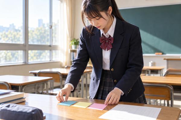 放課後の教室で、読む順番・書き下し・現代語訳を表す3色のカードを机に並べて手順を整理する高校生