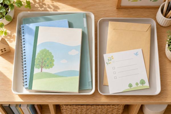 学習の提出物と保護者へ渡す書類を2つのトレーに分けて並べた机