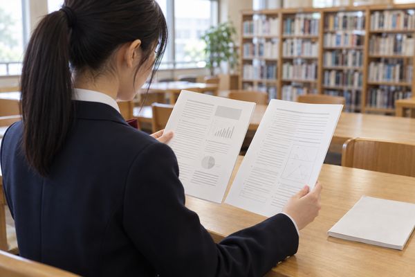 学校の図書館で、構成の違う2冊の入試問題冊子を見比べる制服の高校生