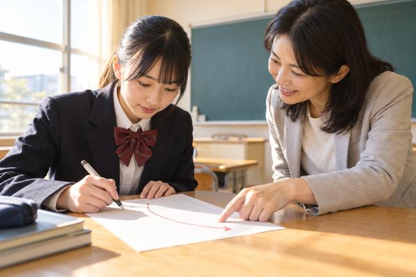 漢文のプリントに引かれた赤い曲線の矢印を指さし、返って読む位置を生徒に示す先生