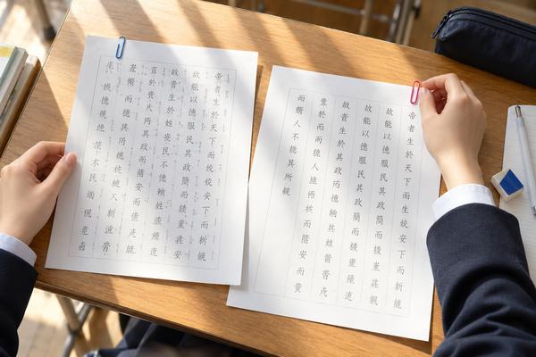 訓点付きの漢文プリントと白文のプリントを並べ、色違いのクリップで見分ける高校生の手元